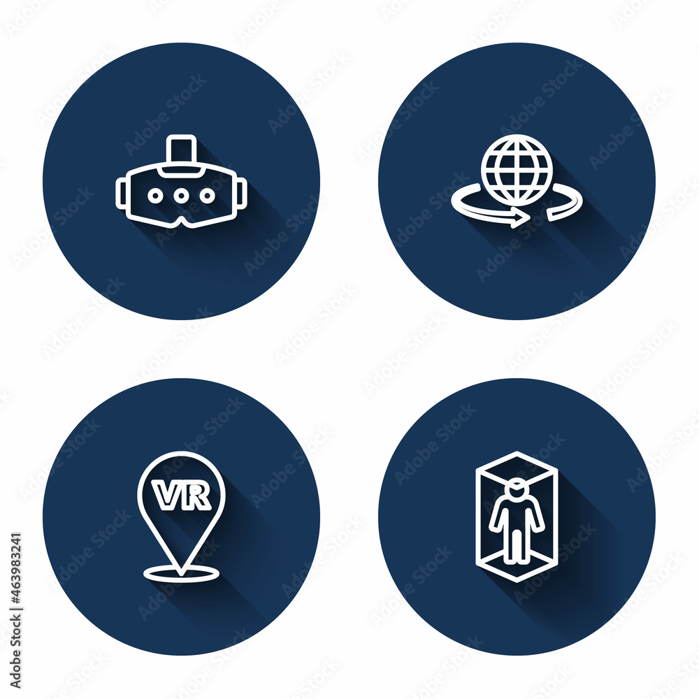 Set line Virtual reality glasses, 3d modeling, and with long shadow. Blue circle button. Vector Set line Virtual reality glasses, 3d modeling, and with long shadow. Blue circle button. Vector