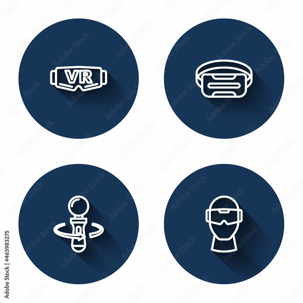 Set line Virtual reality glasses, VR controller game and with long shadow. Blue circle button. Vector Set line Virtual reality glasses, VR controller game and with long shadow. Blue circle button. Vector