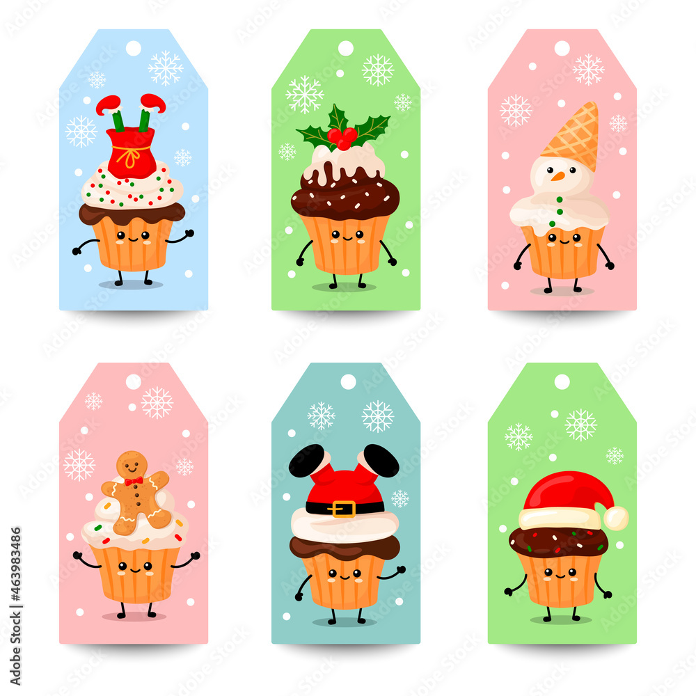 set of cute christmas labels with kawaii cupcakes in cartoon style set of cute christmas labels with kawaii cupcakes in cartoon style
