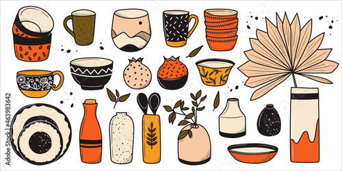 Collection of modern ceramic kitchen utensils or utensils - cups, plates, bowls .. Set of decorative utensils items isolated on white background. Vector illustration in hand-drawn doodle style