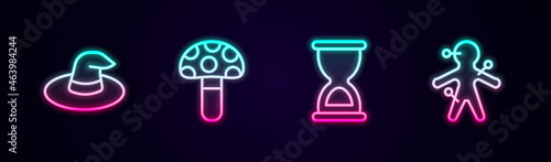 Set line Witch hat, Psilocybin mushroom, Old hourglass and Voodoo doll. Glowing neon icon. Vector