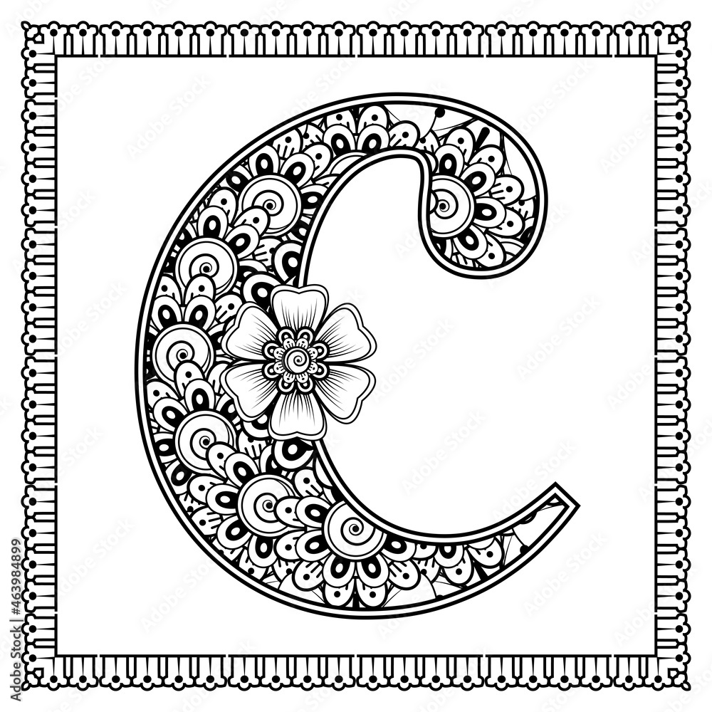 Fototapeta premium Letter c made of flowers in mehndi style. coloring book page. outline hand-draw vector illustration.