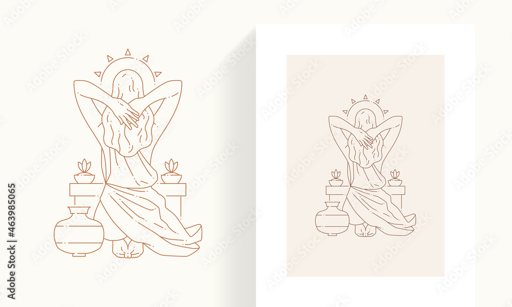 Antique female goddess in Greek dress and crown meditating with crossed hand on back - obrazy, fototapety, plakaty 