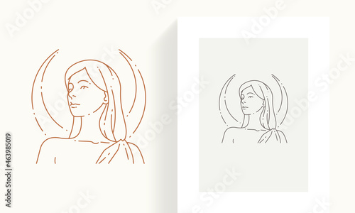 Linear simple hand drawn medieval goddess woman with half moon frame icon set vector illustration