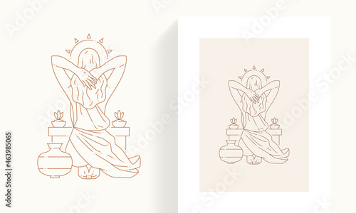 Fotografia, Obraz Antique female goddess in Greek dress and crown meditating with crossed hand on