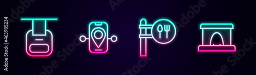 Set line Cable car, Route location, Cafe and restaurant and Railway tunnel. Glowing neon icon. Vector