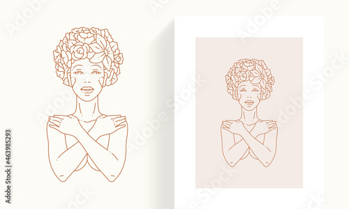 Portrait of naked woman covering breast by crossed hands with flower blossom head simple icon