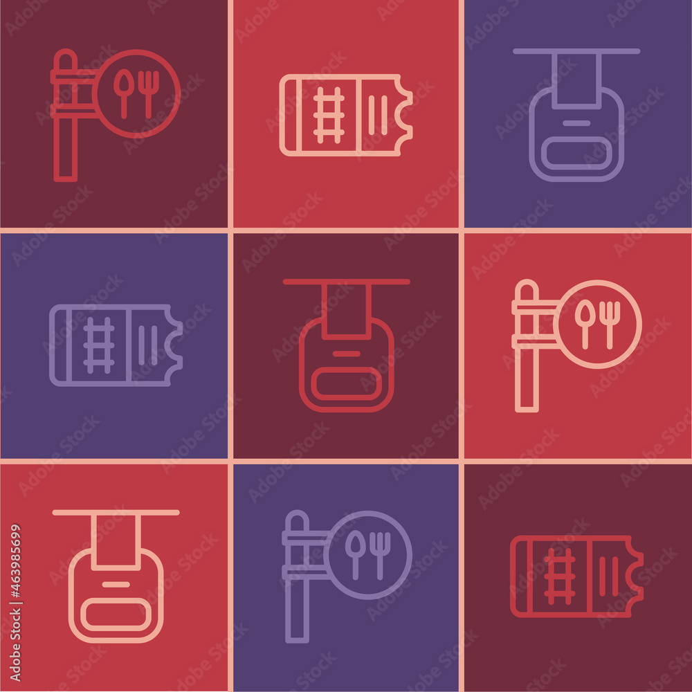 Set line Cafe and restaurant location, Cable car and Train ticket icon. Vector Set line Cafe and restaurant location, Cable car and Train ticket icon. Vector