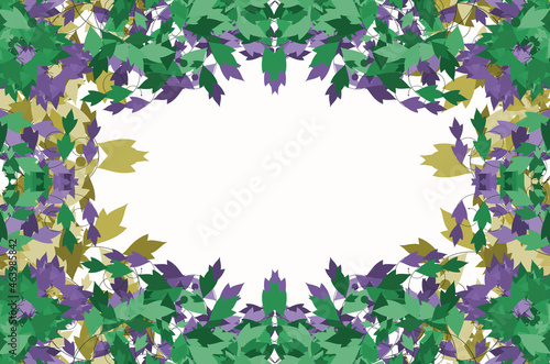 Green and violet curly vine frame on white background