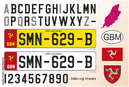 Isle of Man license plate pattern, lettering, numbers and symbols, Europe, vector illustration