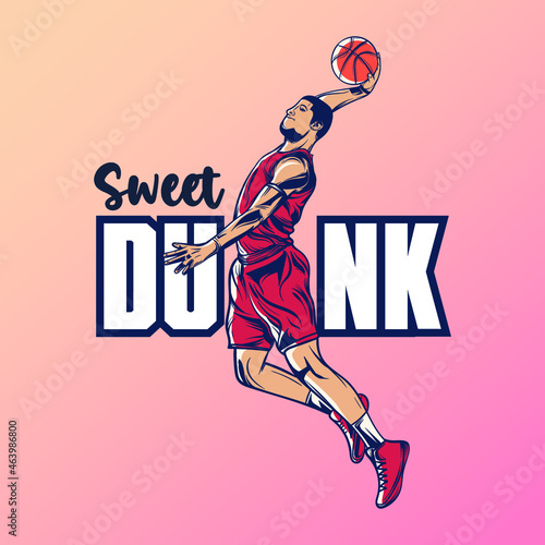 basketball player dipping his ball in a beautiful style. sweet dunk. flat style vector illustration.
