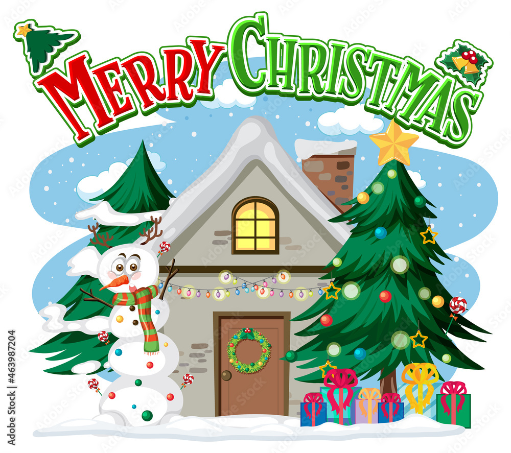 Merry Christmas text logo with winter house and decorations