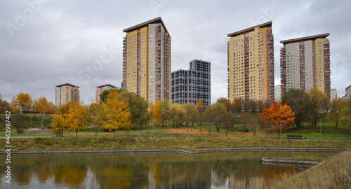 Nikulinsky pond in Schoolchildren park in autumn, Moscow, Russia