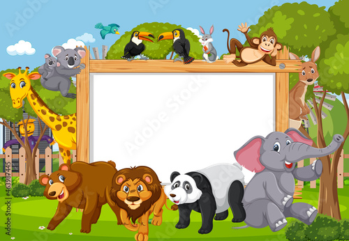 Empty wooden frame with various wild animals in the forest