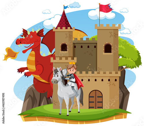 Knights fight with dragon at the castle