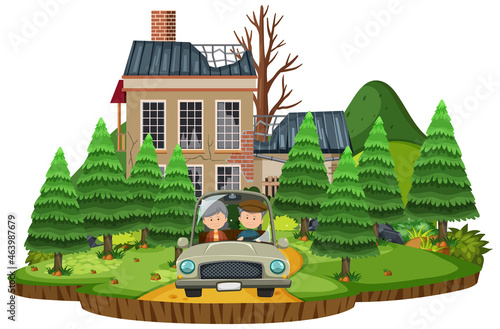 Elderly couple drive off old house