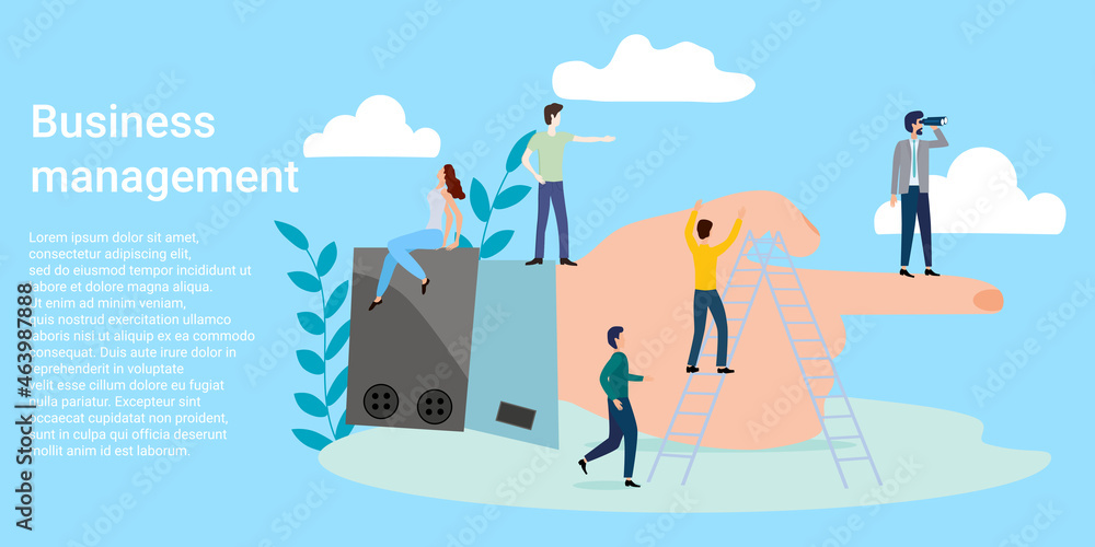 Business management.People and a hand pointing the way.Poster in business style.Vector illustration.
