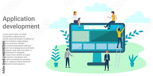 Application development.People are engaged in writing code, programming and developing mobile platforms.Poster in business style.Vector illustration.