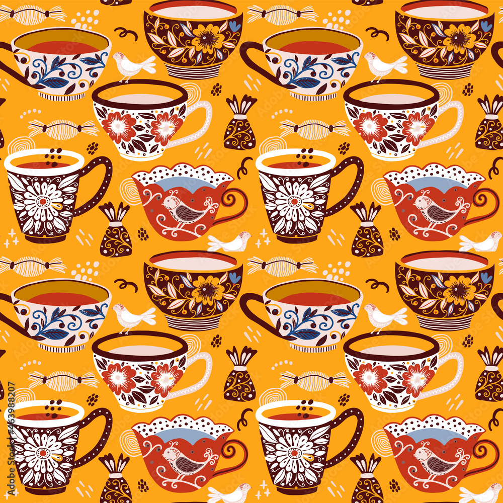 Tea mug vector texture pattern. Teatime Seamless pattern. Tea mug vector texture pattern. Teatime Seamless pattern.