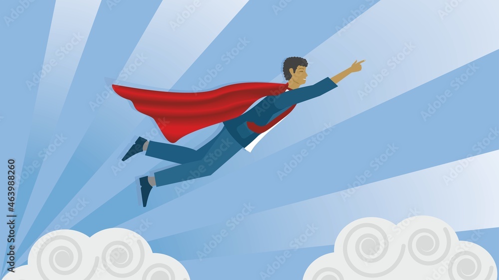 Superman, superhero businessman flying in the sky. Vector illustration. Dimension 16:9. EPS10.