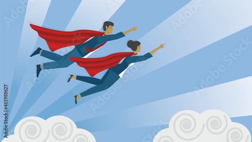 Superheroes flying in the sky. Vector illustration. Dimension 16:9. EPS10.