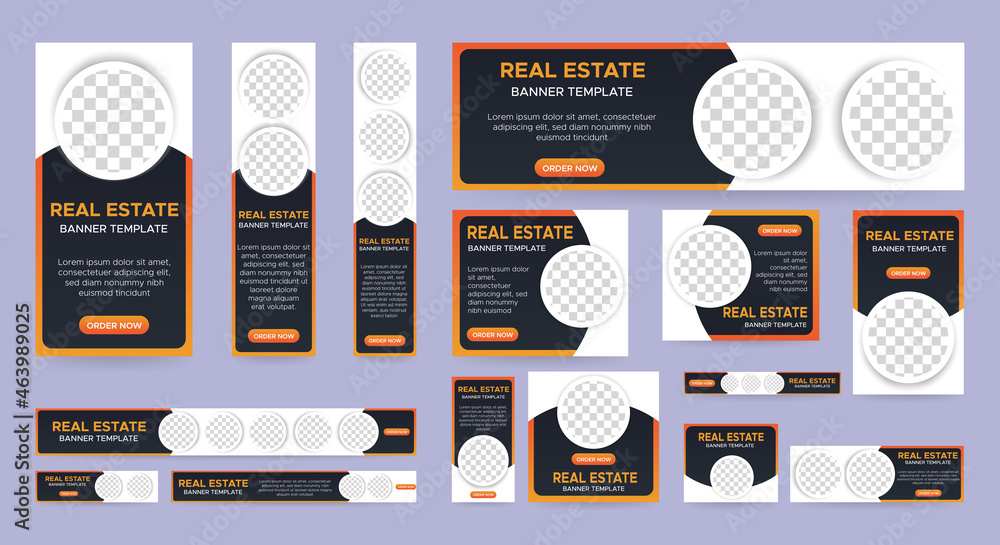 Real Estate web banner design template Set. Vertical, Horizontal and Square banners with standard size and place for photos. Vector design EPS