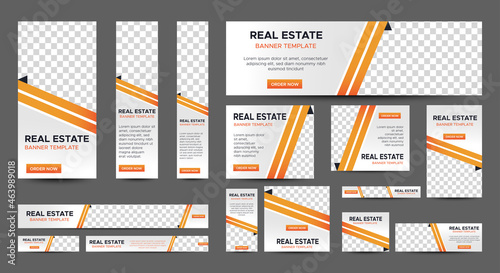 Real Estate web banner design template Set. Vertical, Horizontal and Square banners with standard size and place for photos. Vector design EPS