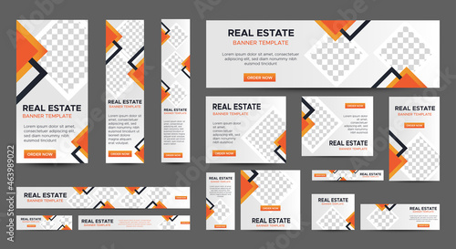 Real Estate web banner design template Set. Vertical, Horizontal and Square banners with standard size and place for photos. Vector design EPS