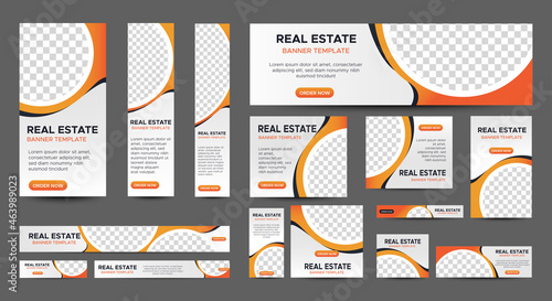 Real Estate web banner design template Set. Vertical, Horizontal and Square banners with standard size and place for photos. Vector design EPS