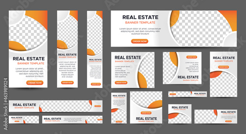 Real Estate web banner design template Set. Vertical, Horizontal and Square banners with standard size and place for photos. Vector design EPS