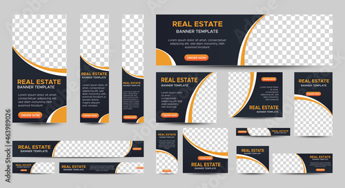 Real Estate web banner design template Set. Vertical, Horizontal and Square banners with standard size and place for photos. Vector design EPS