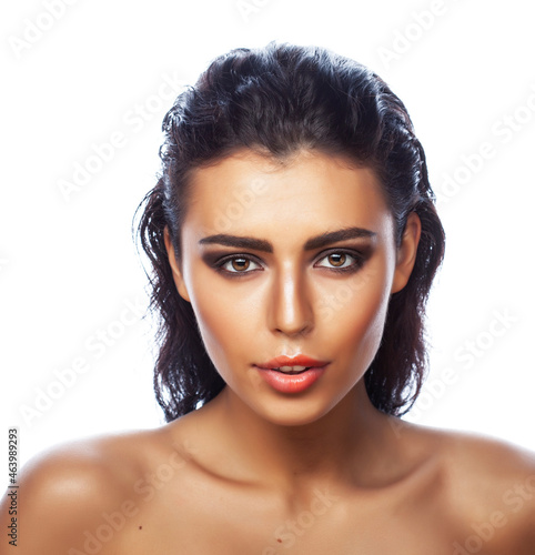 young pretty caucasian brunette woman posing cheerful on white background isolated  lifestyle people concept