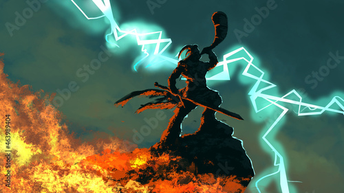 Canvas Print Heimdall stands on a rock and blows the gjallarhorn