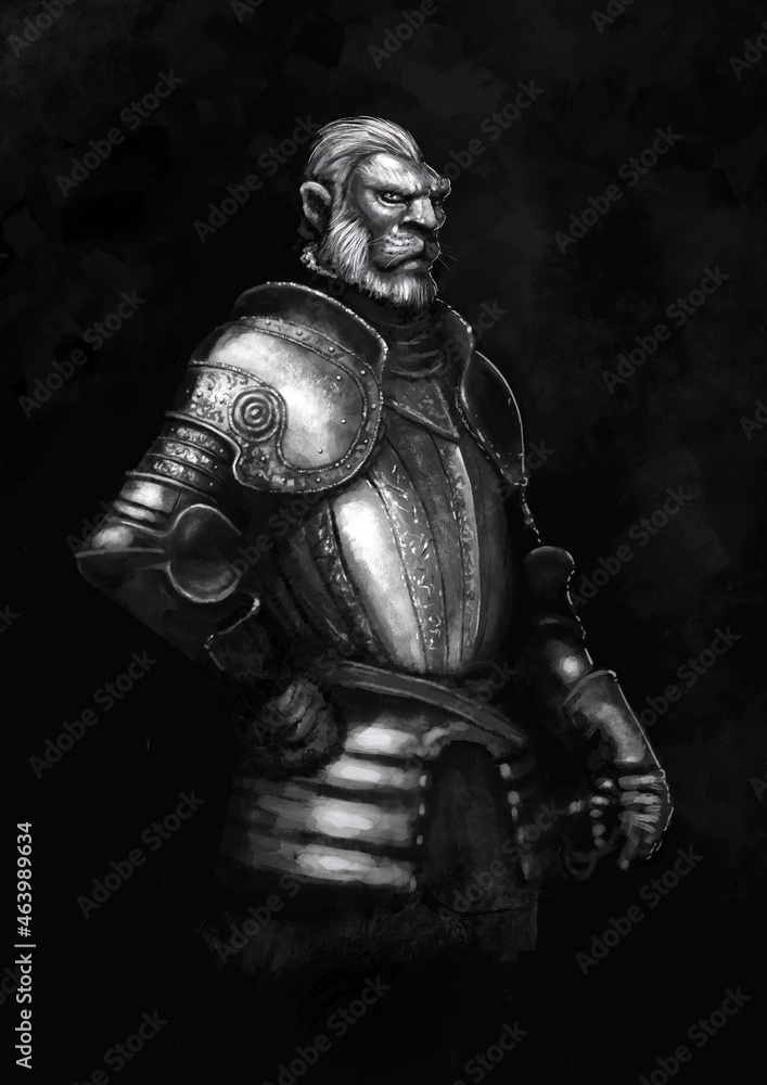Portrait of a monster in knightly armor of the Renaissance.  2D illustration, digital art style, illustration painting 