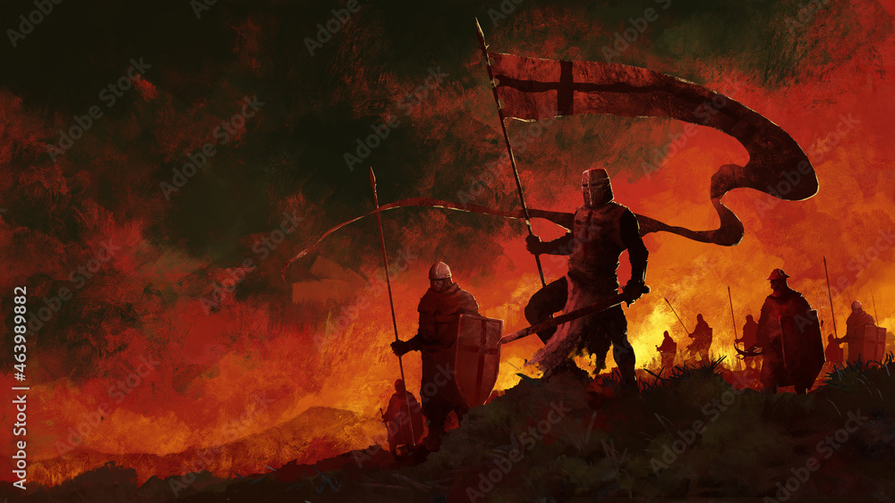 Obraz premium The crusader army goes to war. The knight carries the banner. The sky is lit by fires. 2D illustration, digital art style, illustration painting 