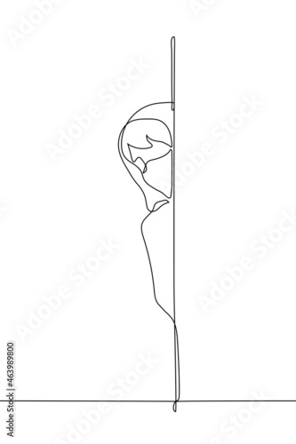man in a hoodie with a hood on his head and a mask peeking around the corner - one line drawing. concept of surveillance, peeping, stalking, hacking