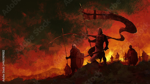 The crusader army goes to war. The knight carries the banner. The sky is lit by fires. 2D illustration, digital art style, illustration painting  photo