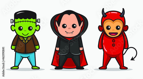 cute collection set halloween character. red devil, dracula, Frankenstein. vector illustration