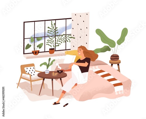 Woman relaxing at home, sitting on bed at coffee table. Happy person in modern cozy bedroom with tea on weekend morning. Female resting indoors. Flat vector illustration isolated on white background