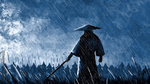 A samurai with a katana stands ready to fight against a huge army. 2D illustration. 2D illustration, digital art style, illustration painting 