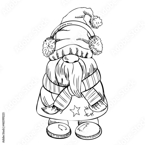 A hand-drawn gnome with a scarf and warm headphones. The Scandinavian gnome. Vintage vector illustration.