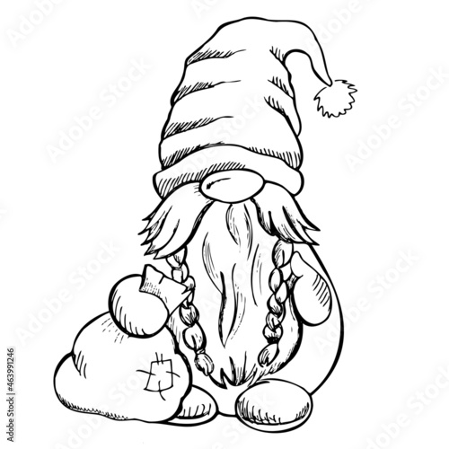 A hand-drawn gnome with a bag in his hands. The Scandinavian winter gnome. Vintage vector illustration.