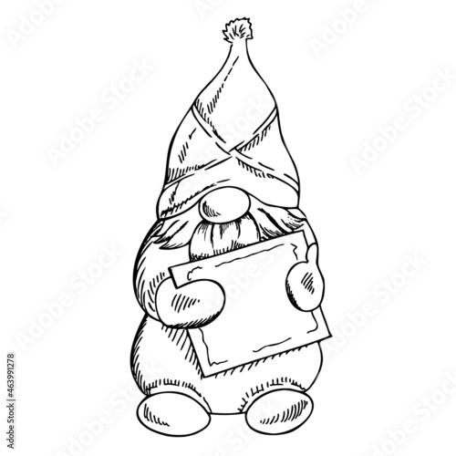 A hand-drawn gnome with a card in his hands. The Scandinavian gnome. Vintage vector illustration.