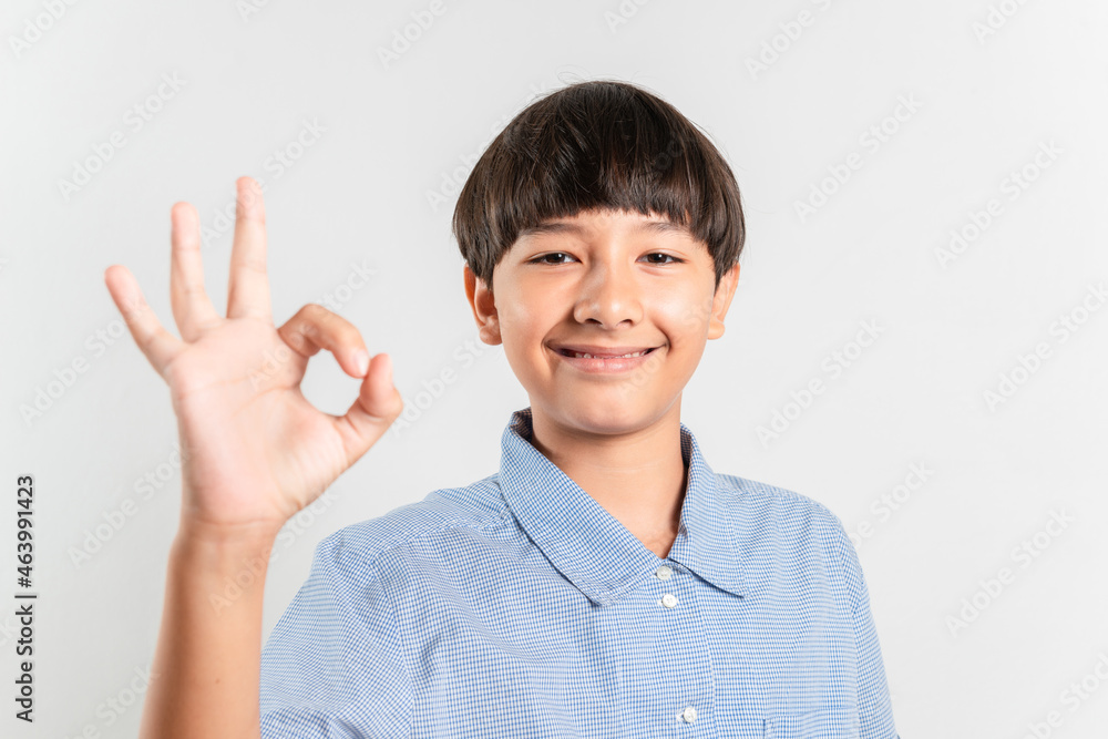 A portrait of a smiling smart boy shows okay gesture confirmation or approval gesture expresses positive emotions looks at the camera over white background. It is fine, thank you. Hand sign A portrait of a smiling smart boy shows okay gesture confirmation or approval gesture expresses positive emotions looks at the camera over white background. It is fine, thank you. Hand sign