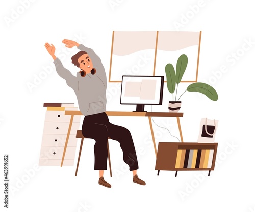 Office worker stretching at break after work with computer. Happy man sitting at workplace at end of workday. Employee finished his businesses. Flat vector illustration isolated on white background