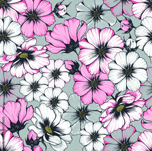 White and pink flowers seamless pattern on grey background. Hand drawn pen illustration.