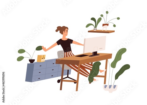 Happy office worker at workplace, finishing her work with computer. Woman stretching at table at end of workday, completing businesses. Colored flat vector illustration isolated on white background