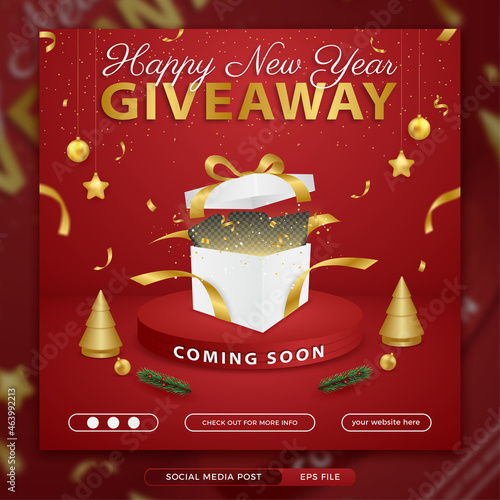 New year giveaway square banner template with podium on red background