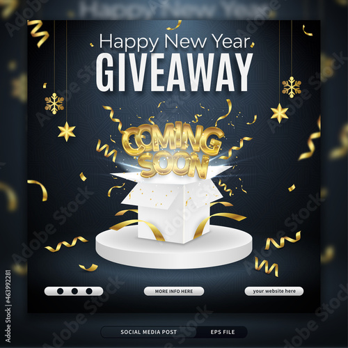 New year giveaway announcement square banner template with gift box on black background