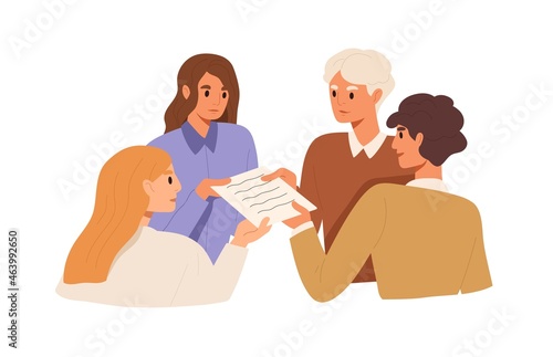 Business partners coming to agreement and concluding contract. Team cooperating and making deal. Partnership, cooperation and teamwork concept. Flat vector illustration isolated on white background